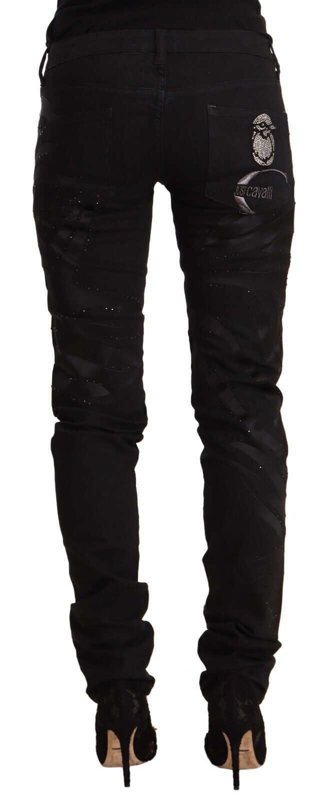 Just Cavalli - Edgy Rhinestone Detail Mid Rise Skinny Jeans - Black Just Cavalli