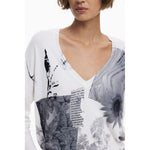Desigual - Bold Graphic Print Relaxed Long Sleeve V-Neck Top - White Desigual