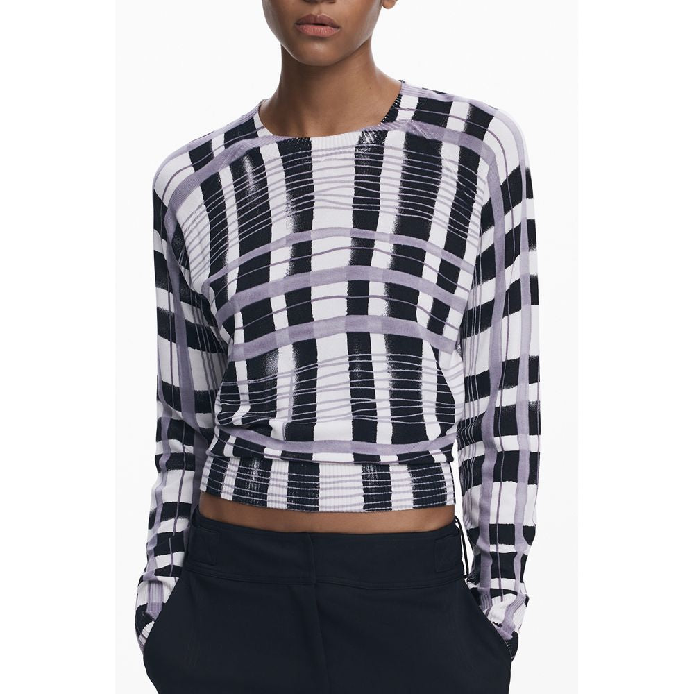 Desigual - Bold Geometric Ribbed Cropped Sweater - White Multi Desigual